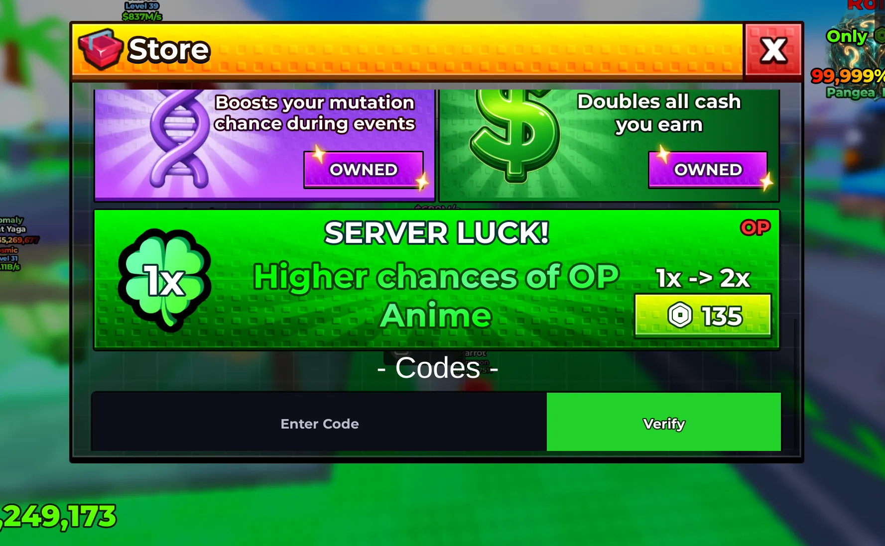 1MIL code redeem screenshot at the bottom of the in-game store